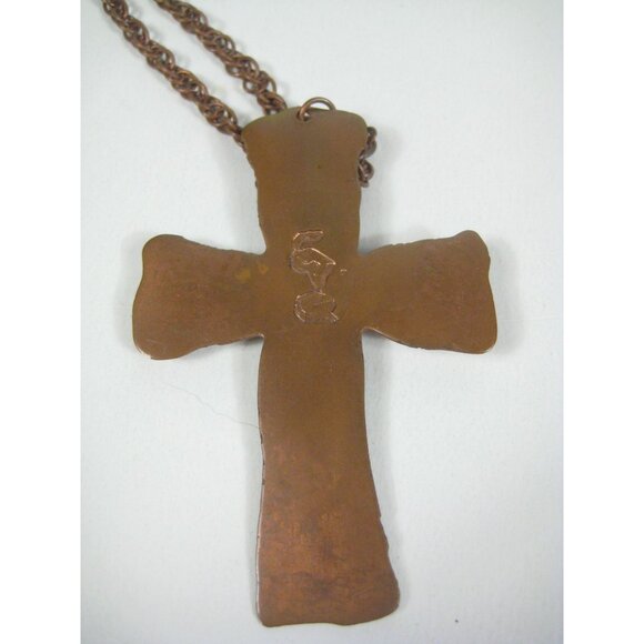 Handmade Copper Cross Pendant Necklace Floral Design Hammered CVG 30 inch Vintag - Picture 5 of 16